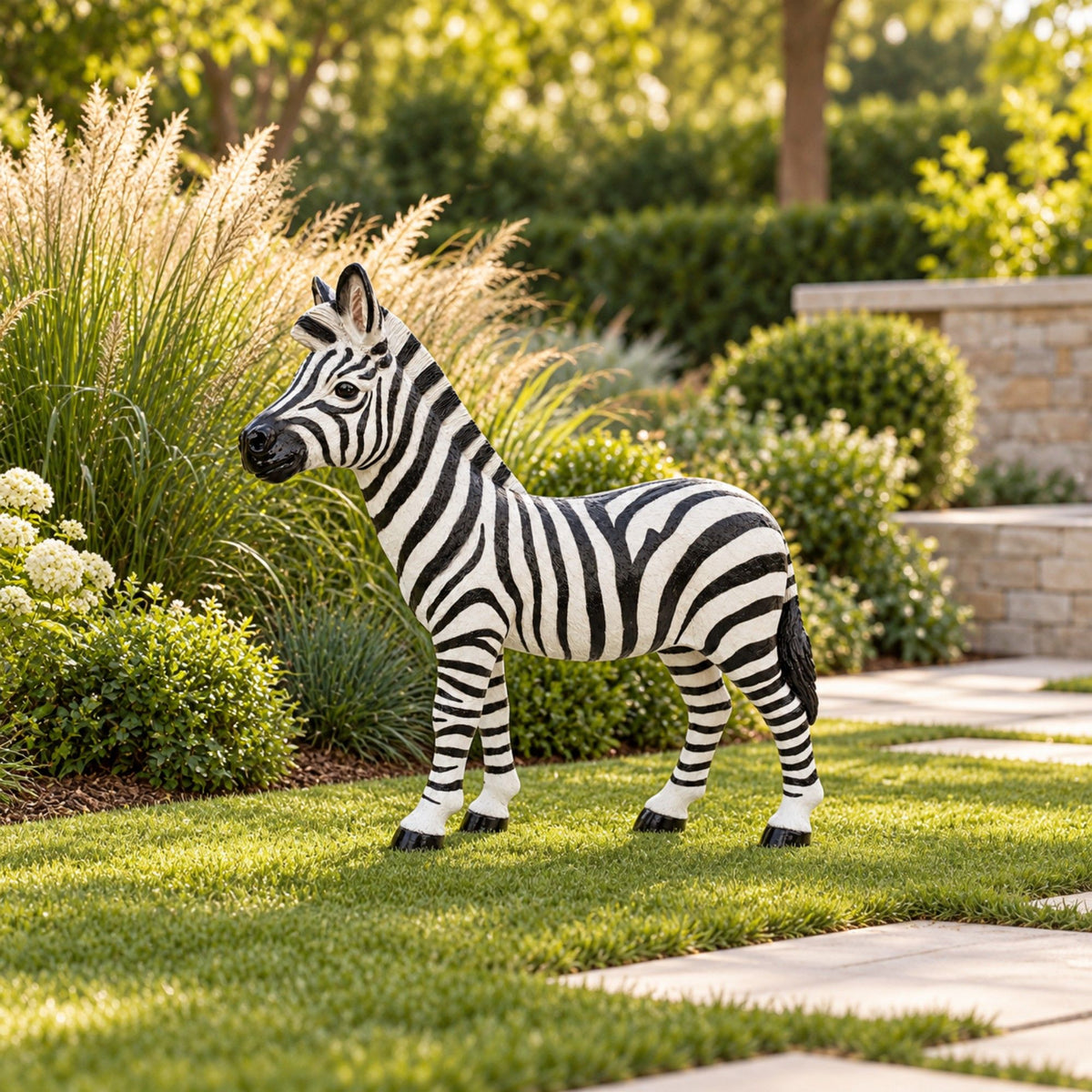 Black and white zebra garden statue shown in profile with ground stakes hidden