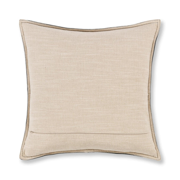 Beige woven fabric decorative pillow with dark piped edge