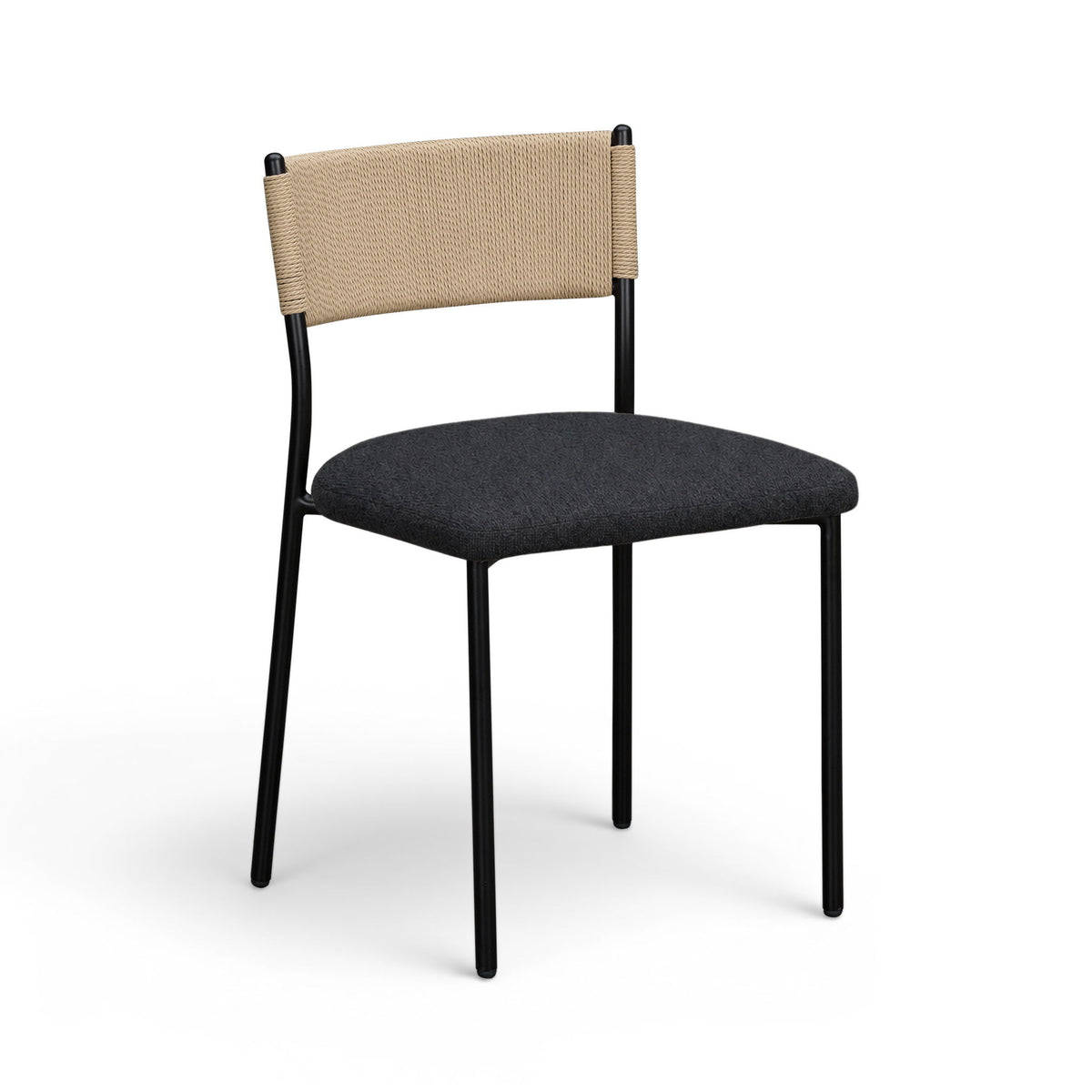 Boucle dining chair with beige fabric back, dark gray upholstered seat, and black frame