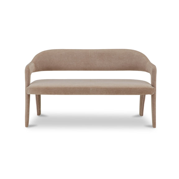 Camel-brown upholstered dining bench with rounded back, seat, and tapered wooden legs