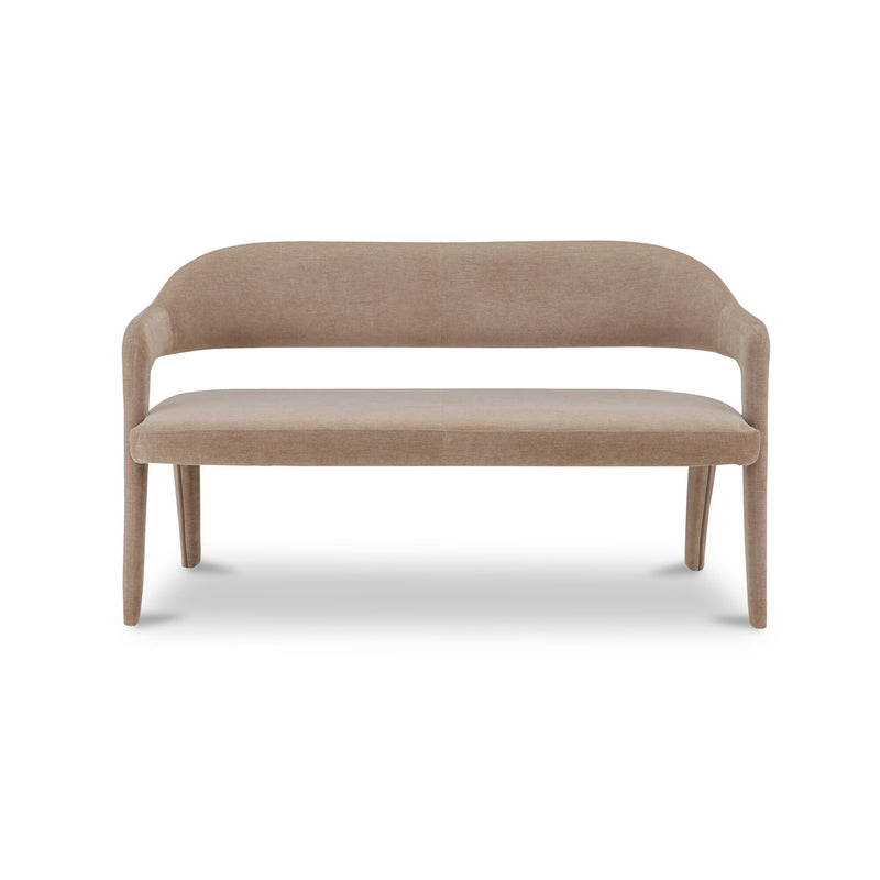 Camel-brown upholstered dining bench with rounded back, seat, and tapered wooden legs