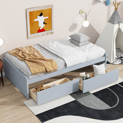 Twin Size Bed with 2 Drawers, Solid Rubber Wood Bed, Grey