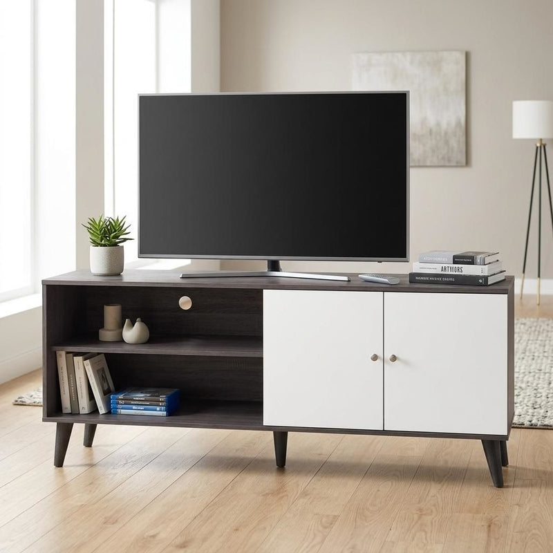 Dark gray TV stand with two open shelves and cabinet with two white doors