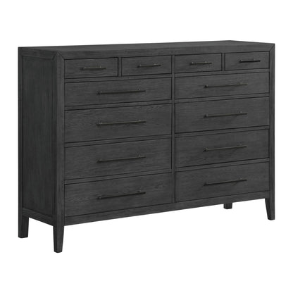 Black 12-drawer dresser with four small top drawers, long metal pulls, and tapered legs.