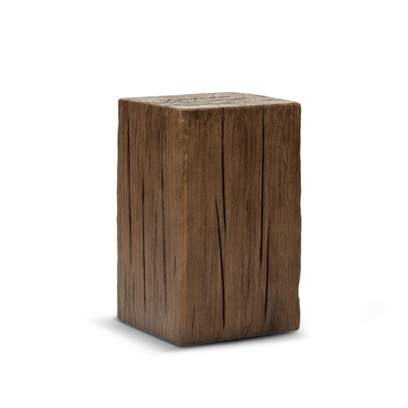 Dark brown wood side table with a chunky rectangular shape and natural grain