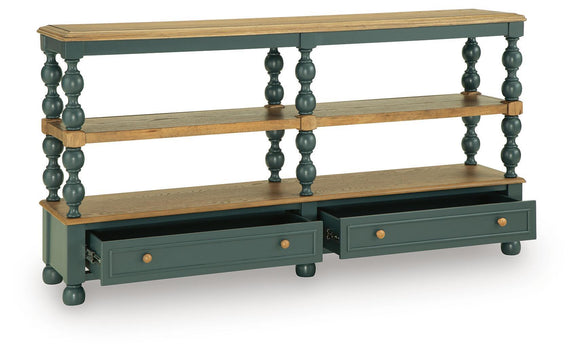 Console table with two open shelves and center drawer, wood top and teal blue body