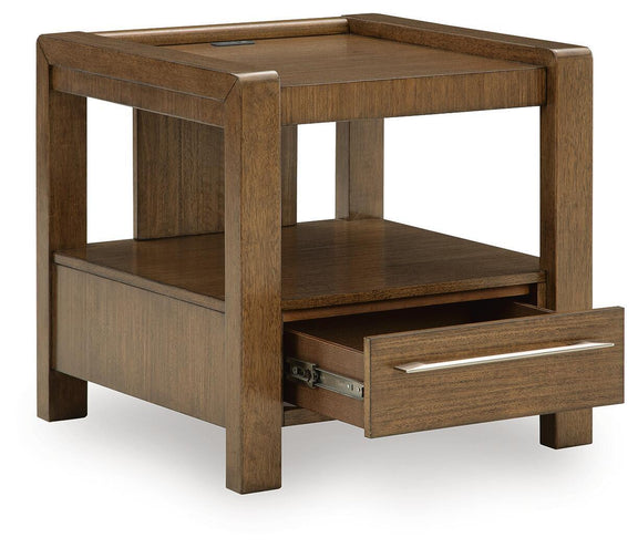 Brown square end table with open shelf and partially open drawer