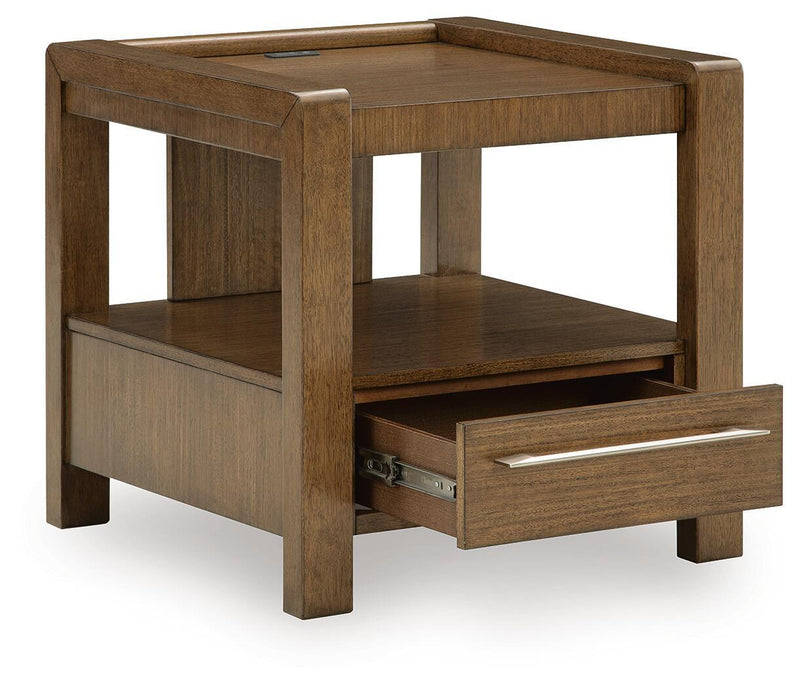 Brown square end table with open shelf and partially open drawer