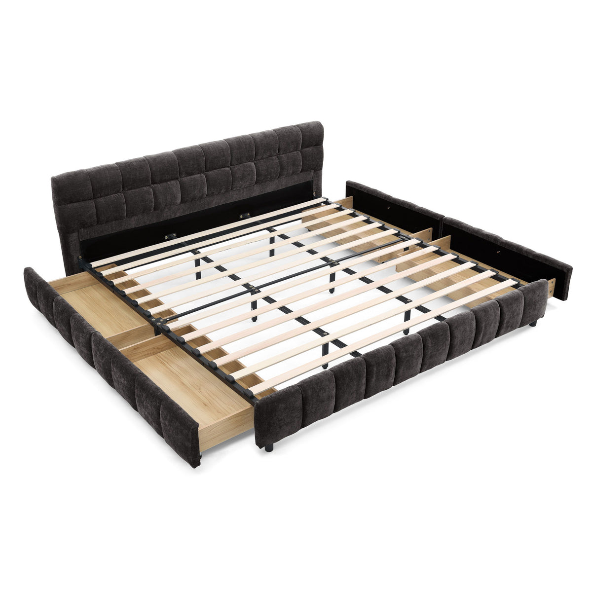 Dark gray upholstered platform bed frame with thick padded rails and slat support.