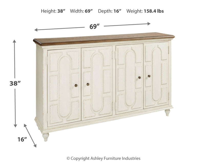 Antique white accent cabinet with four paneled doors and dark knobs