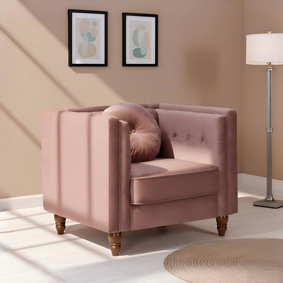 Blush pink tufted square-arm accent side chair with cushioned seat and back
