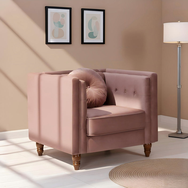Blush pink tufted square-arm accent side chair with cushioned seat and back