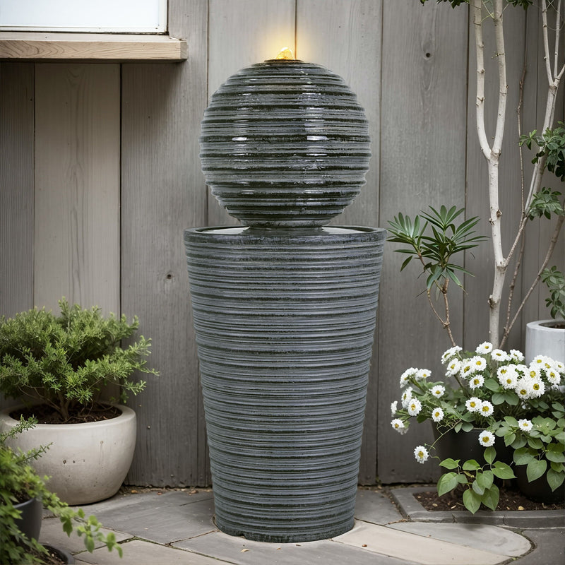 31.5" Tall Striped Column Fountain With LED Light Design For Outdoor Spaces - Gray