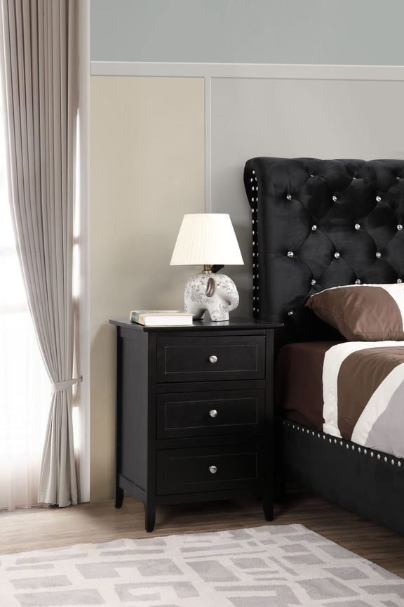 Black 3-drawer nightstand with three drawers and round metal knobs.