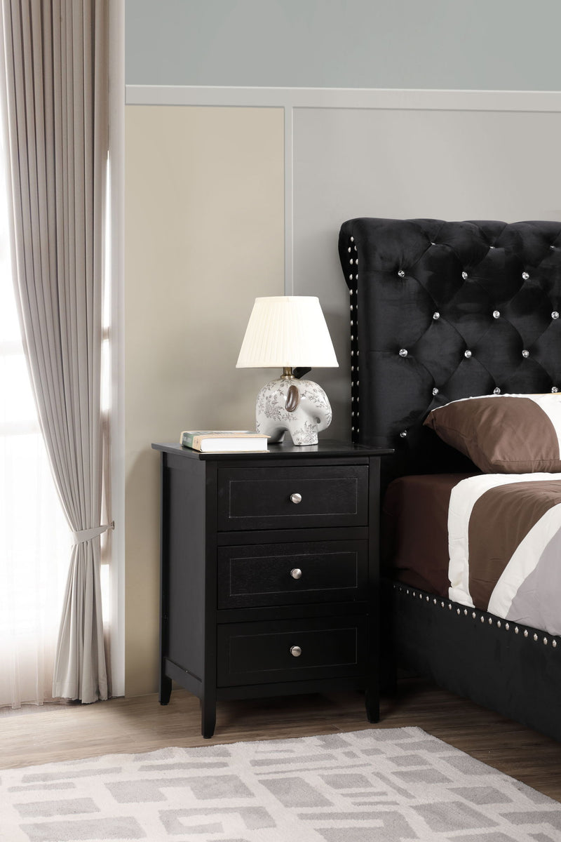 Black 3-drawer nightstand with three drawers and round metal knobs.