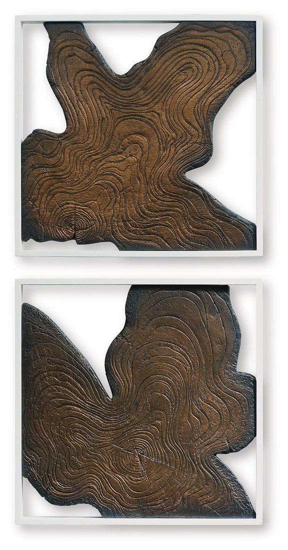 Wall decor set of 2 framed abstract wood plaques, close-up brown swirl grain