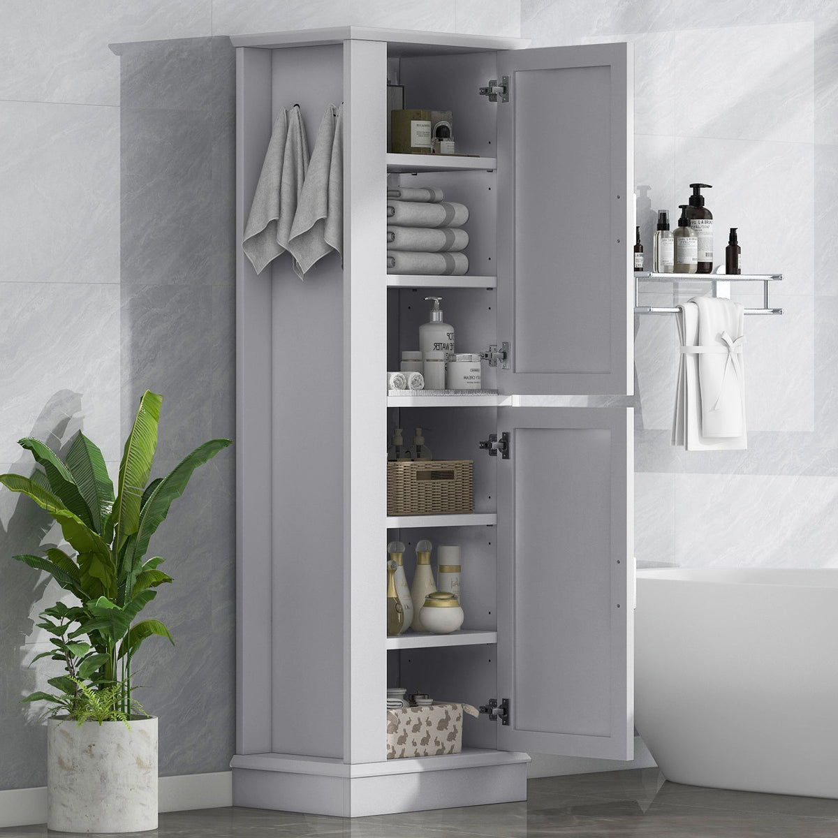 Tall Freestanding Bathroom Storage Cabinet With Adjustable Shelves And Side Hooks