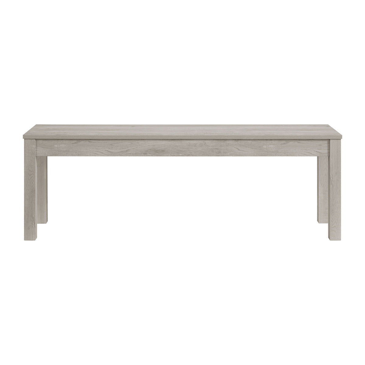 Light wood dining bench with flat rectangular tabletop and four straight legs
