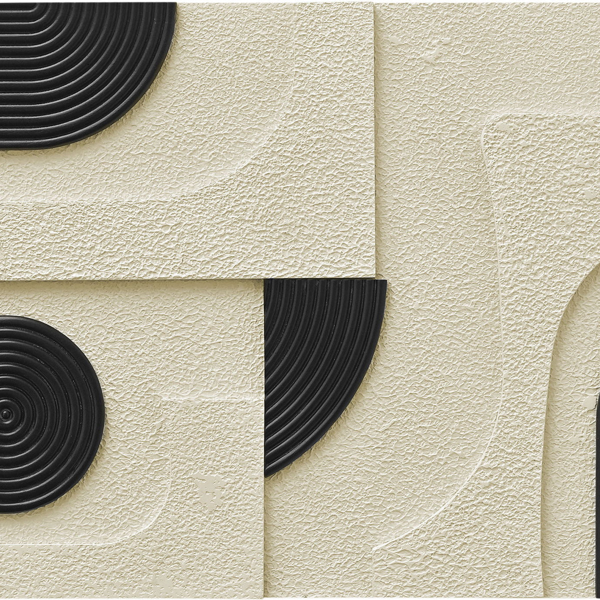Mango wood wall decor panel with black spiral medallion and rounded arc accents