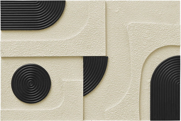Mango wood wall decor panel with black spiral medallion and rounded arc accents