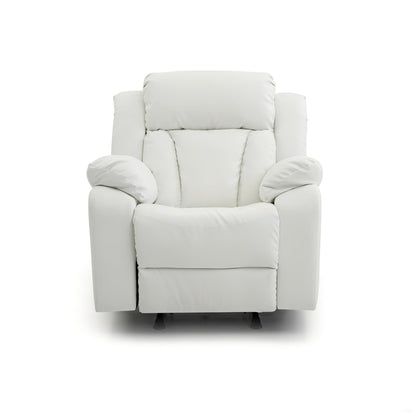 White rocking motion recliner chair with padded arms and tufted backrest.