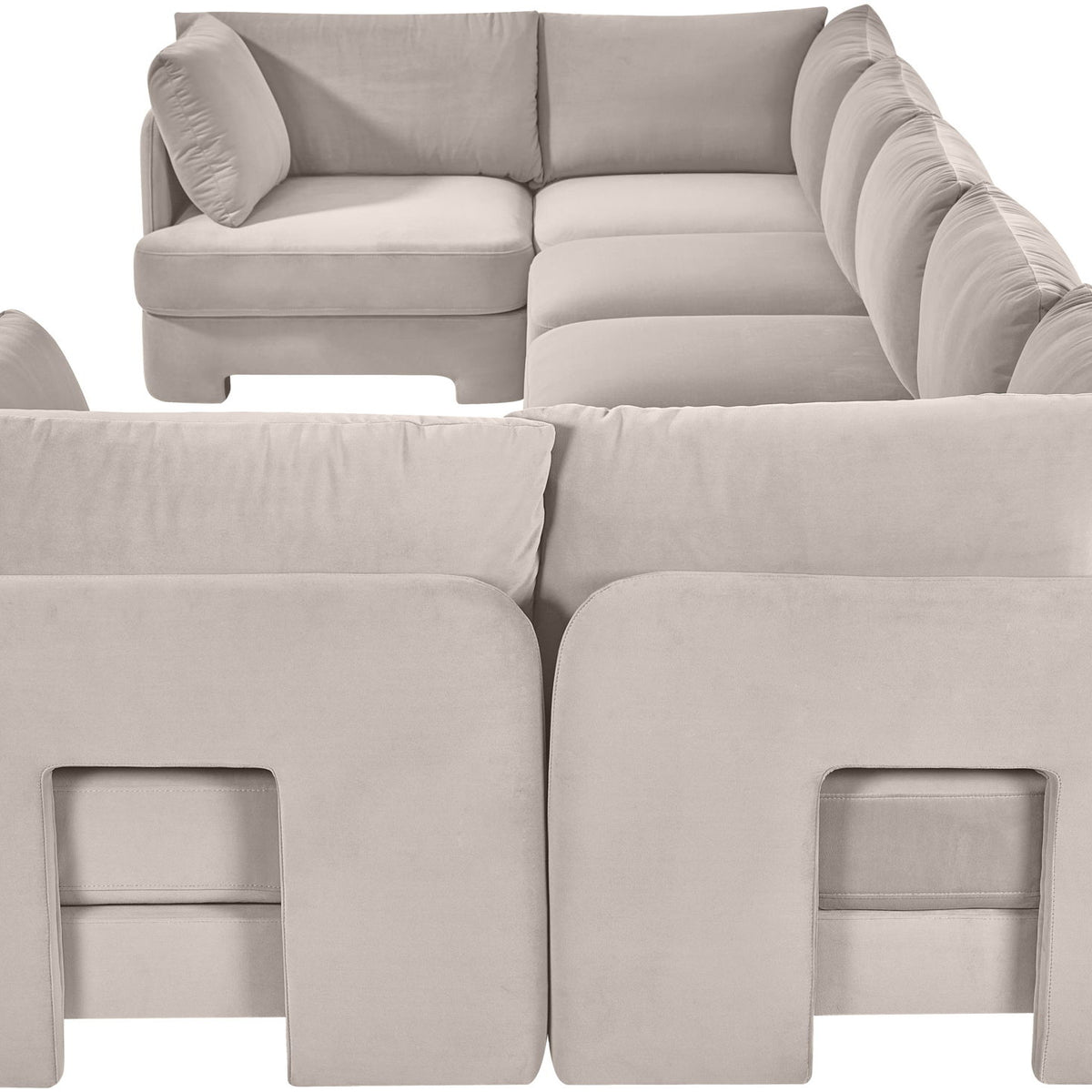 Light gray velvet U-shaped sectional sofa, 7-piece set with ottoman blocks
