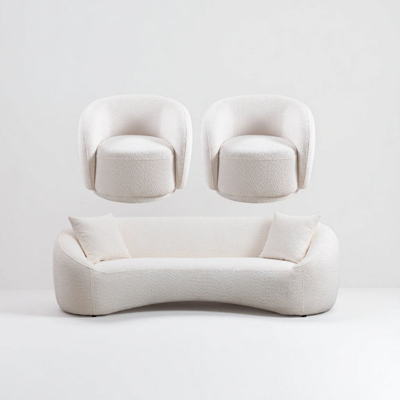 White curved upholstered 3-seat sofa with two matching armchairs, rounded cushioned design