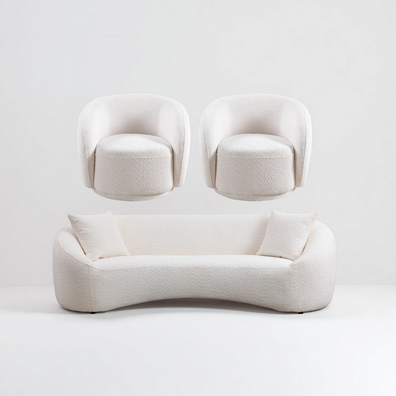 White curved upholstered 3-seat sofa with two matching armchairs, rounded cushioned design