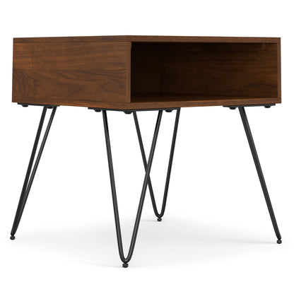 Dark wood end table with open cabinet shelf and black splayed metal legs