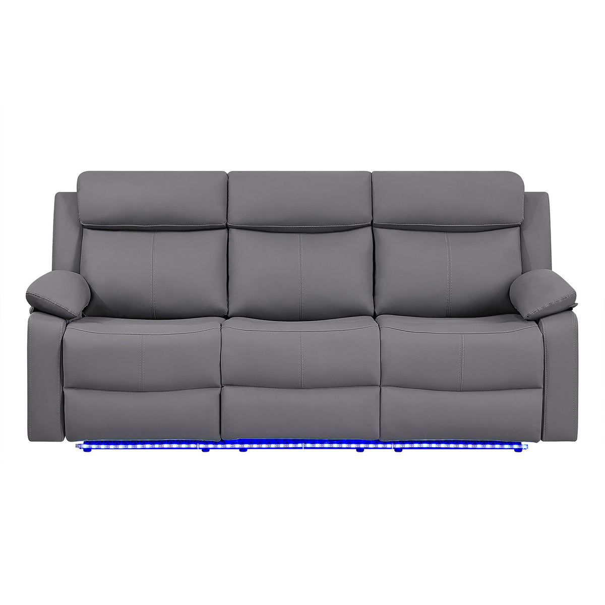 Dark gray reclining sofa with padded armrests and blue LED light strip along the base