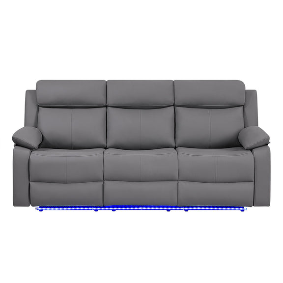 Dark gray reclining sofa with padded armrests and blue LED light strip along the base