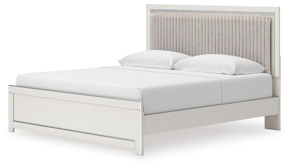 Upholstered platform bed with roll slats, light gray frame with drawer storage panel