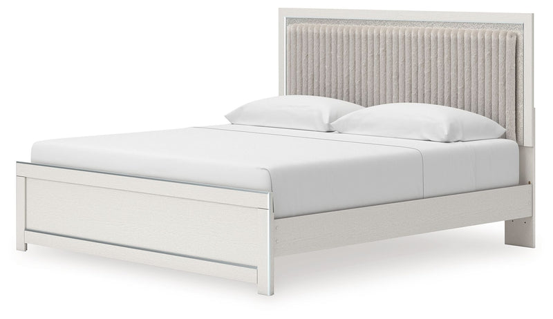 Upholstered platform bed with roll slats, light gray frame with drawer storage panel
