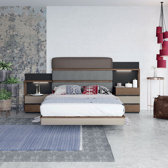 Gray storage bed with upholstered panel headboard and built-in side compartments