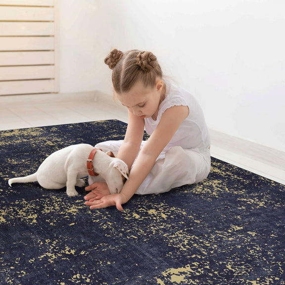 Washable dark navy runner rug with scattered yellow speckles, long and narrow.
