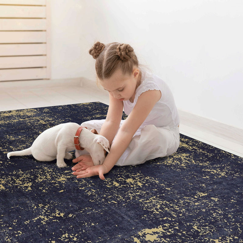 Washable dark navy runner rug with scattered yellow speckles, long and narrow.