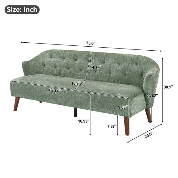 Green tufted upholstered 3-seater couch with curved arms and tapered legs