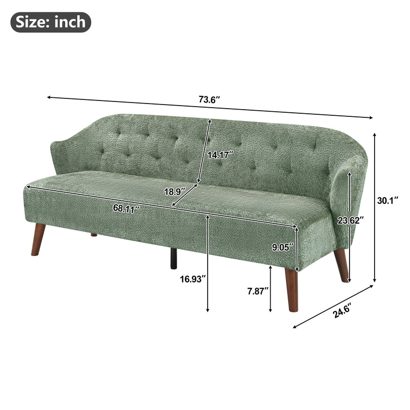 Green tufted upholstered 3-seater couch with curved arms and tapered legs