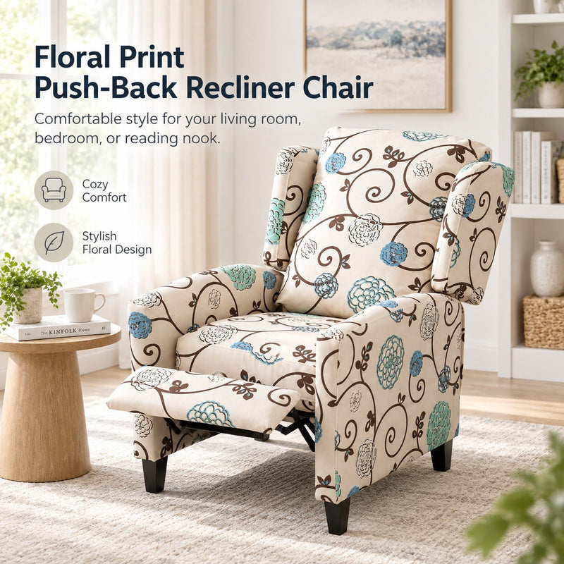 Beige floral push-back recliner chair with padded arms and wingback back