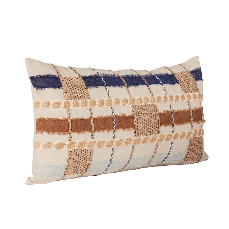 ML pillow cover with navy and brown woven plaid blocks, frayed edge detailing