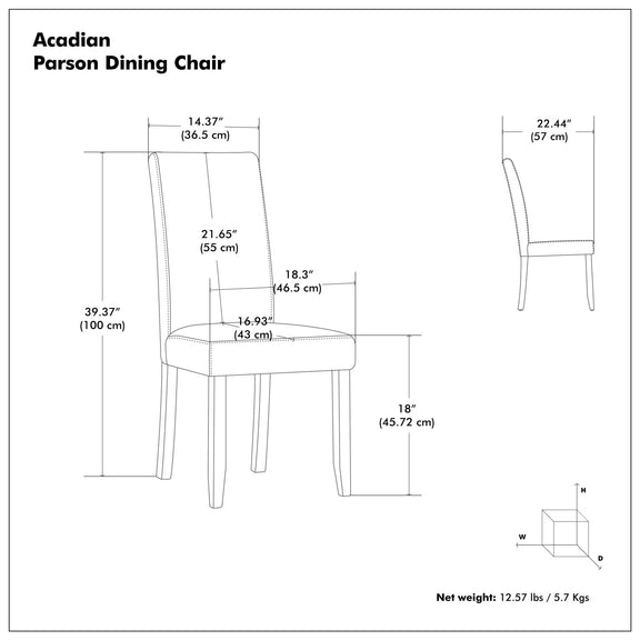 Parson dining chair diagram with measurements, faux leather upholstery, no background.