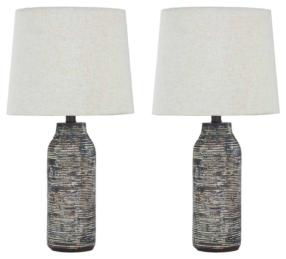 Set of 2 black patterned ceramic table lamps with white fabric shades