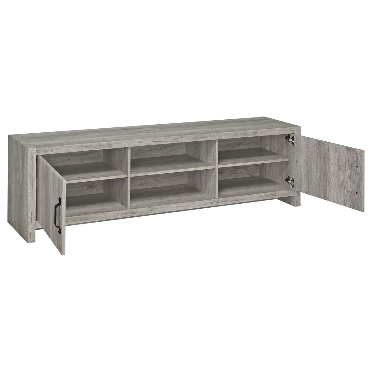 Gray TV stand with adjustable multi-compartment shelving and black pull handles