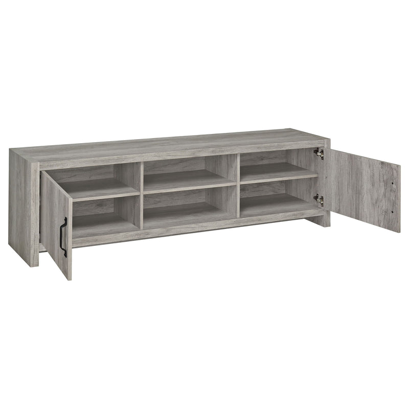 Gray TV stand with adjustable multi-compartment shelving and black pull handles