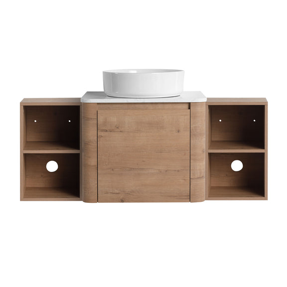 Bathroom vanity with white vessel sink, central cabinet door, and two side open shelves