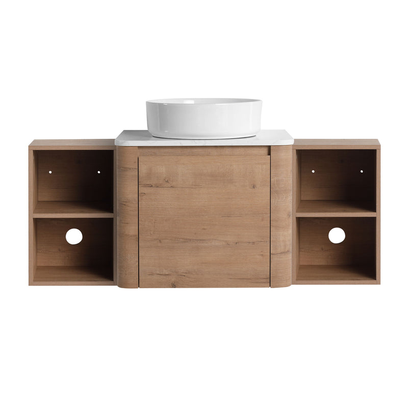 Bathroom vanity with white vessel sink, central cabinet door, and two side open shelves