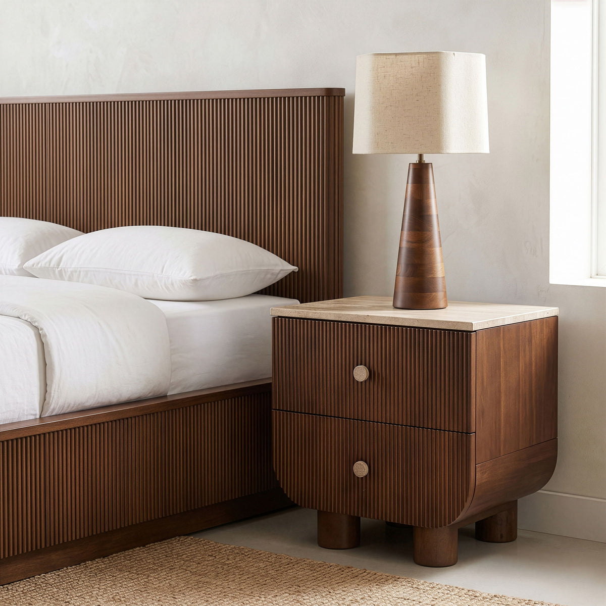 Mango wood nightstand with two drawers and vertical slat detailing