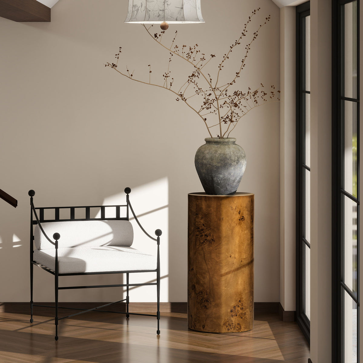 Round-top pillar accent side table with dark-brown cylinder body and wood-grain texture