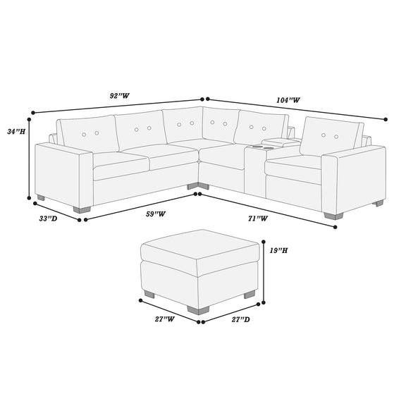 Sectional sofa set line diagram showing corner wedge and ottoman measurements