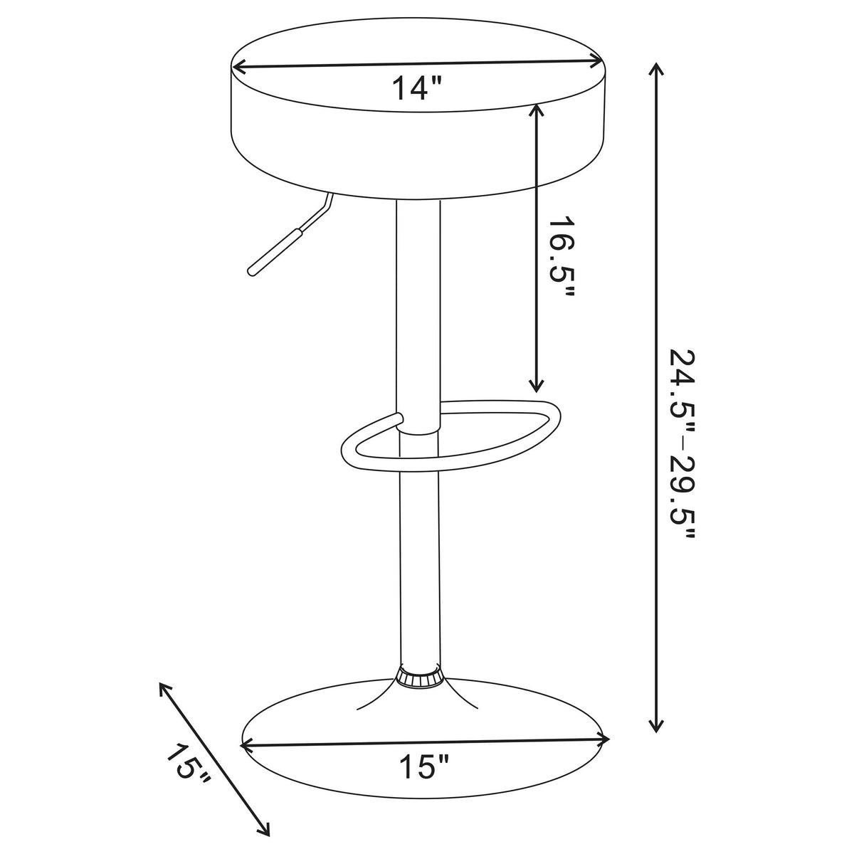Bar stool size diagram: 14" seat diameter, 16.5–29.5" height, 15" base.